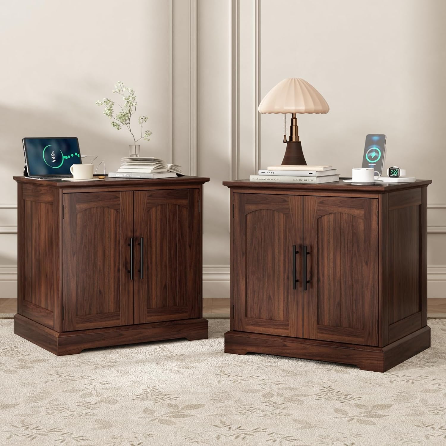 HOKYHOKY Rattan End Table with Charging Station, 24" Large Sofa Side Tabl | 2 Arched Doors, Boho Wood Square Nightstand, Bedside Tables with Adjustable Storage Shelf, Living Room, Bedroom
