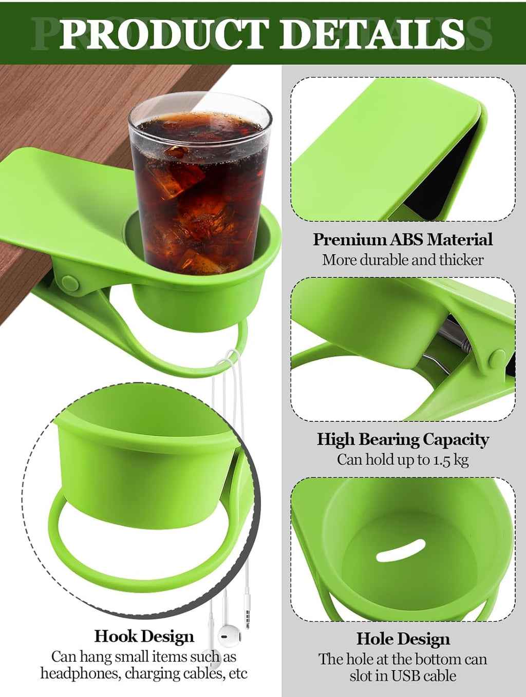 Kalolary 2PCS Table Edge Cup Holder Clips - Versatile Desk & Table Cup Clip for Home, Office & School (Green)