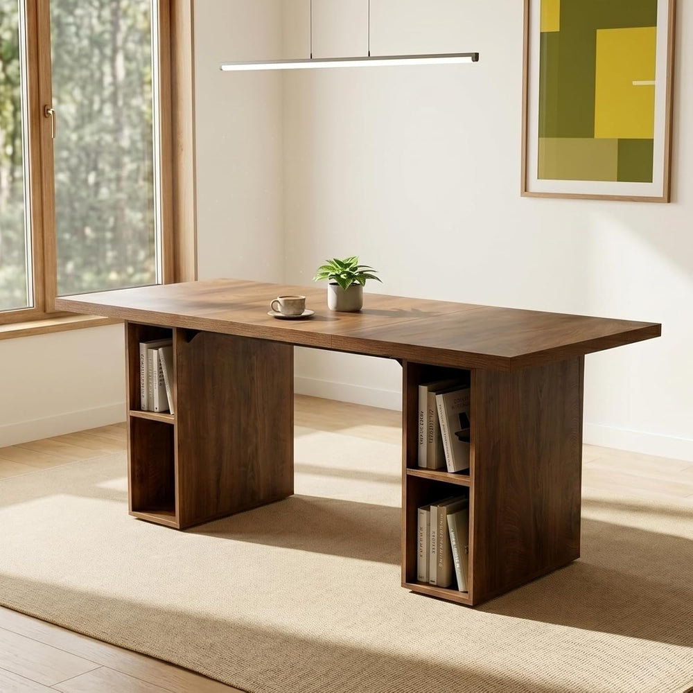 HIPIHOM 70.8'' Large Wooden Dining Table with 6 Open Storage Shelves,...