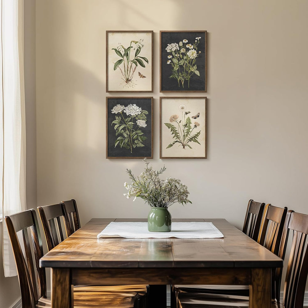 Framed Vintage Botanical Floral Wall Art for Living Room, 4 Piece 12x16 In
