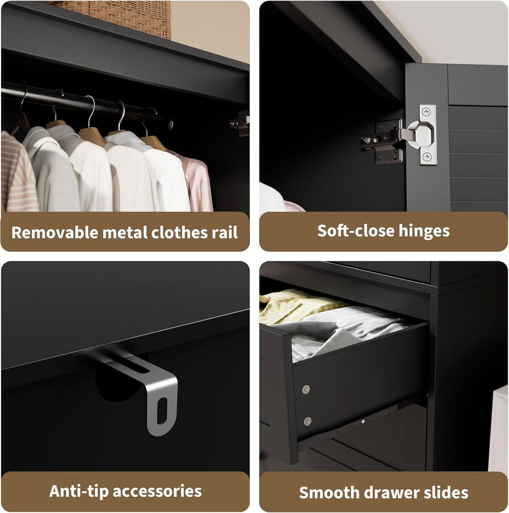GarveeHome 70" Wardrobe Armoire Wooden Closet with 3 Drawers, Black