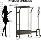 Homeiju Heavy Duty Clothes Rack Load 500LBS, Three Rods Clothing Racks for Hanging Clothes Extendable, Rolling Garment Rack with Sturdy Wheels, Basket, Storage Shelves, Black