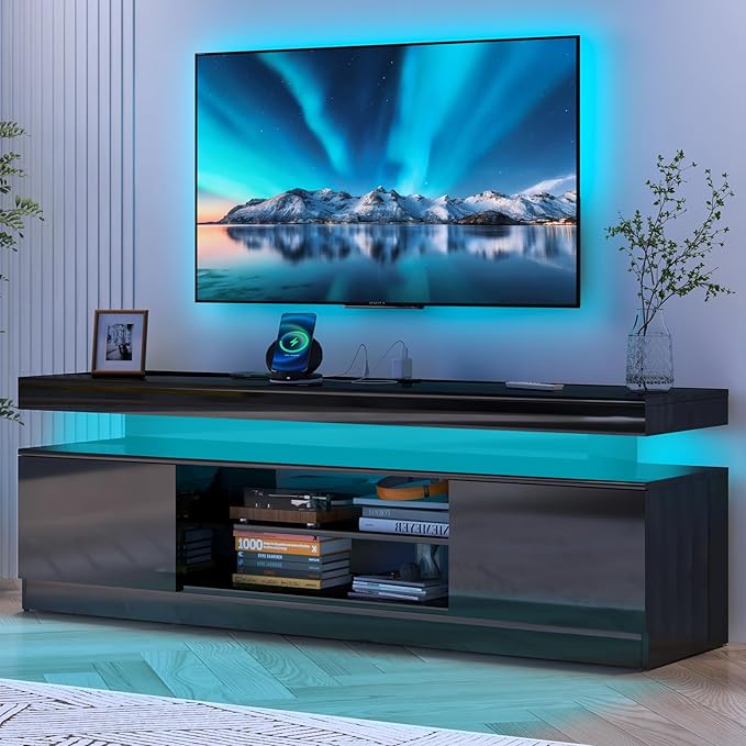 Verano Garden 63" LED TV Stand for 75 Inch TV, High Gloss Entertainment Center with 2 Storage Cabinets and Open Shelf, Modern TV Media Console with Power Outlet & Light for Living Room, Bedroom, Black