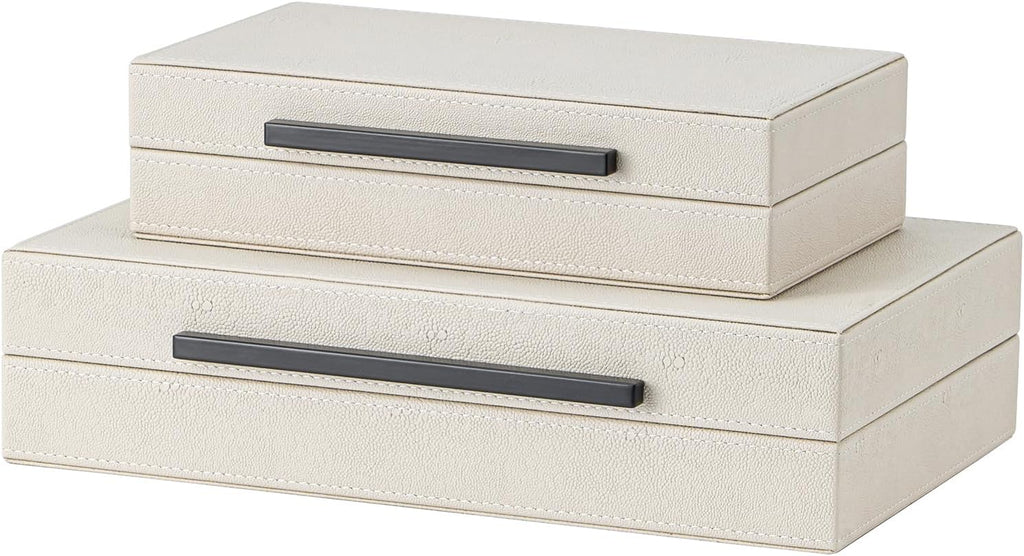 XIGEXIGE Set of 2 Beige Shagreen Decorative Storage Boxes with Black Metal Handles –Faux Leather Large Modern Stackable Nesting Jewelry Box with Lids Organizer