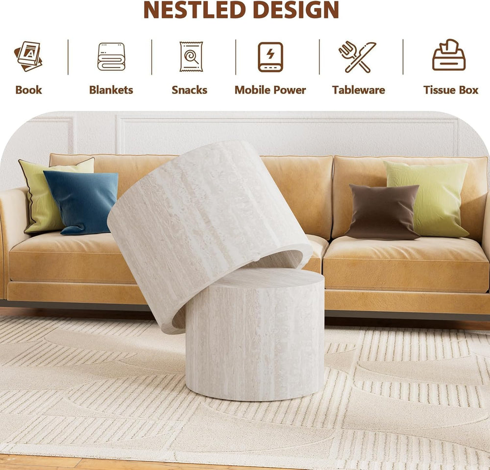 Travertine Round Nesting Coffee Table Set of 2 | Faux Travertine Drum Style W...
