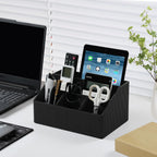 Remote Control Holder with 5 Compartments for Office Art Supplies, PU Leather Nightstand Organizer Pencil Pen Desk Caddy for Home, Desktop TV Remote Control Organizer Storage (Striped Black)