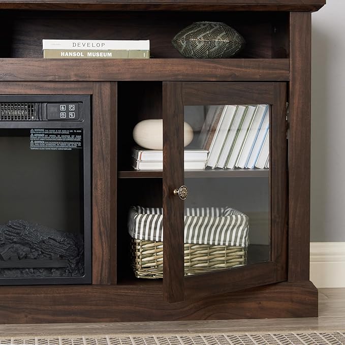 TV Stand with Electric Fireplaces: Rustic Wood TV Console for 65 Inch TV | Entertainment Center with Adjustable Shelves and Storage Cabinet for Living Room - Brown
