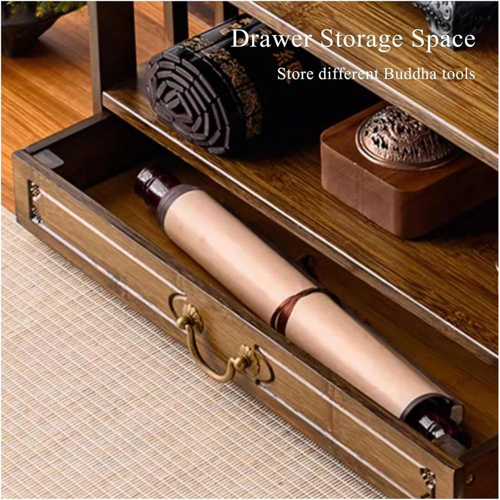 Bamboo Altar Meditation Table - Spiritual Worship Table with Drawer & 2-T...