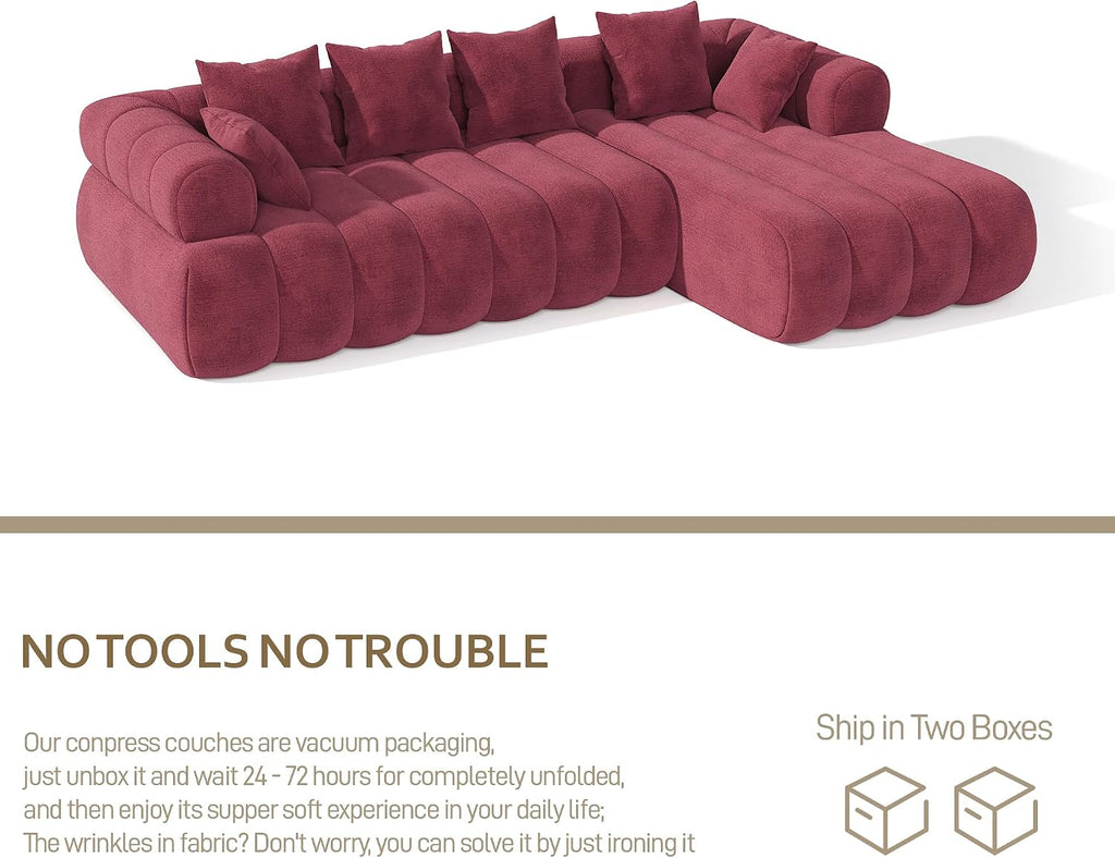 111" Modern Boneless Couch, Chenille Modular Cloud Couch for Living Room, Deep Seat Sectional Sofa with Chaise Lounge, No Assembly Required, Red