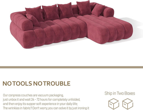 111" Modern Boneless Couch, Chenille Modular Cloud Couch for Living Room, Deep Seat Sectional Sofa with Chaise Lounge, No Assembly Required, Red