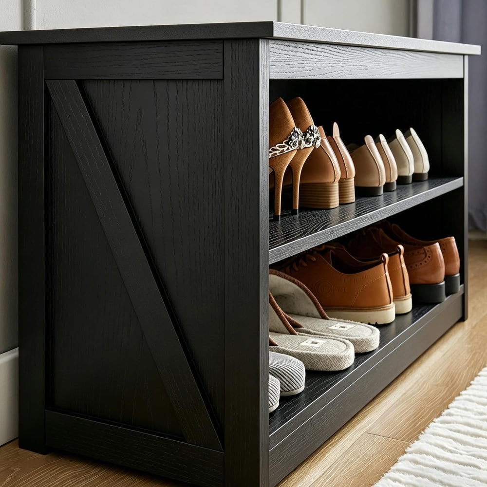 Farmhouse Storage Bench with 2-Tier Open Shelf, Shoe Bench with Cushion for E...