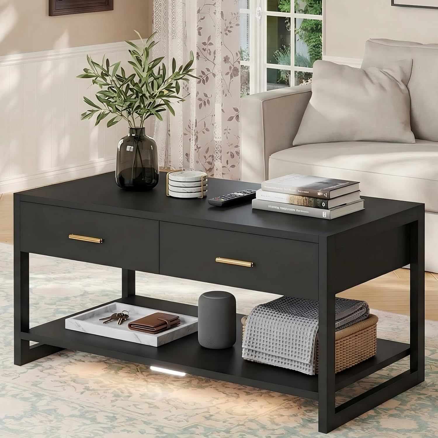Multi-Functional Coffee Table with Foot-Sensor Light and 2 Drawers | Black, Modern, Large Open Shelf, Sturdy Frame Versatile, Vintage Metal Handle, Suitable for Living Room/Office/Outdoor Patio,