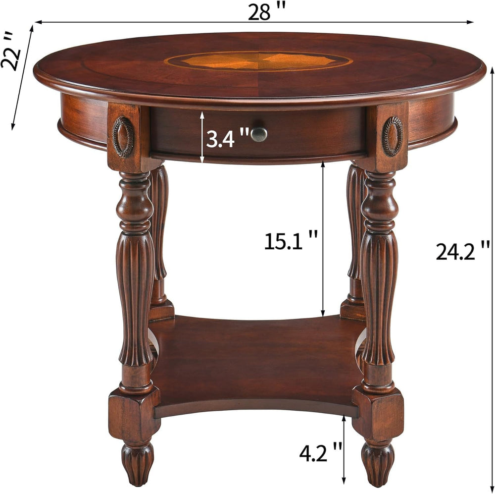 Solid Wood Oval End Table with Drawer, 28"x24" Sofa Side Table with...