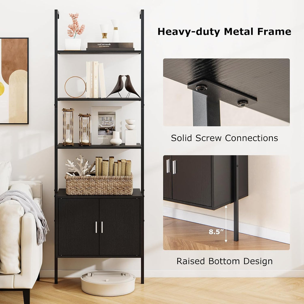 Giantex 72.5" Ladder Bookshelf with Cabinet, 5-Tier Tall Wall-Mounted Shelf w/Storage, Modern Style Kitchen Open Shelving Organizer, Heavy-Duty Metal Frame Display Rack for Living Room,Black