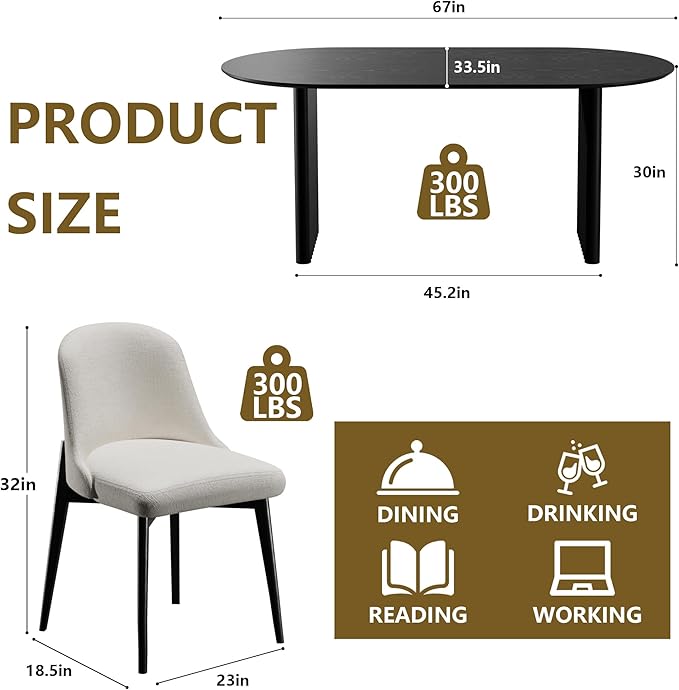 Casaphoria Wood Kitchen Table Set with 4 Chairs, 67" Dining Kitchen Table & Chairs Set for 4-6, Modern Farmhouse Oval Dining Table for Living Room, Easy Assembly, Black