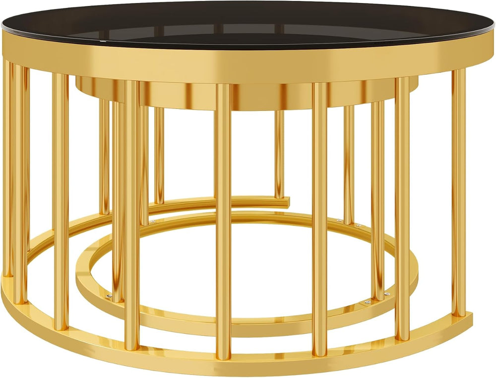 Round Nesting Coffee Table Set of 2 with Gold Frame & Mirrored Top, Black...