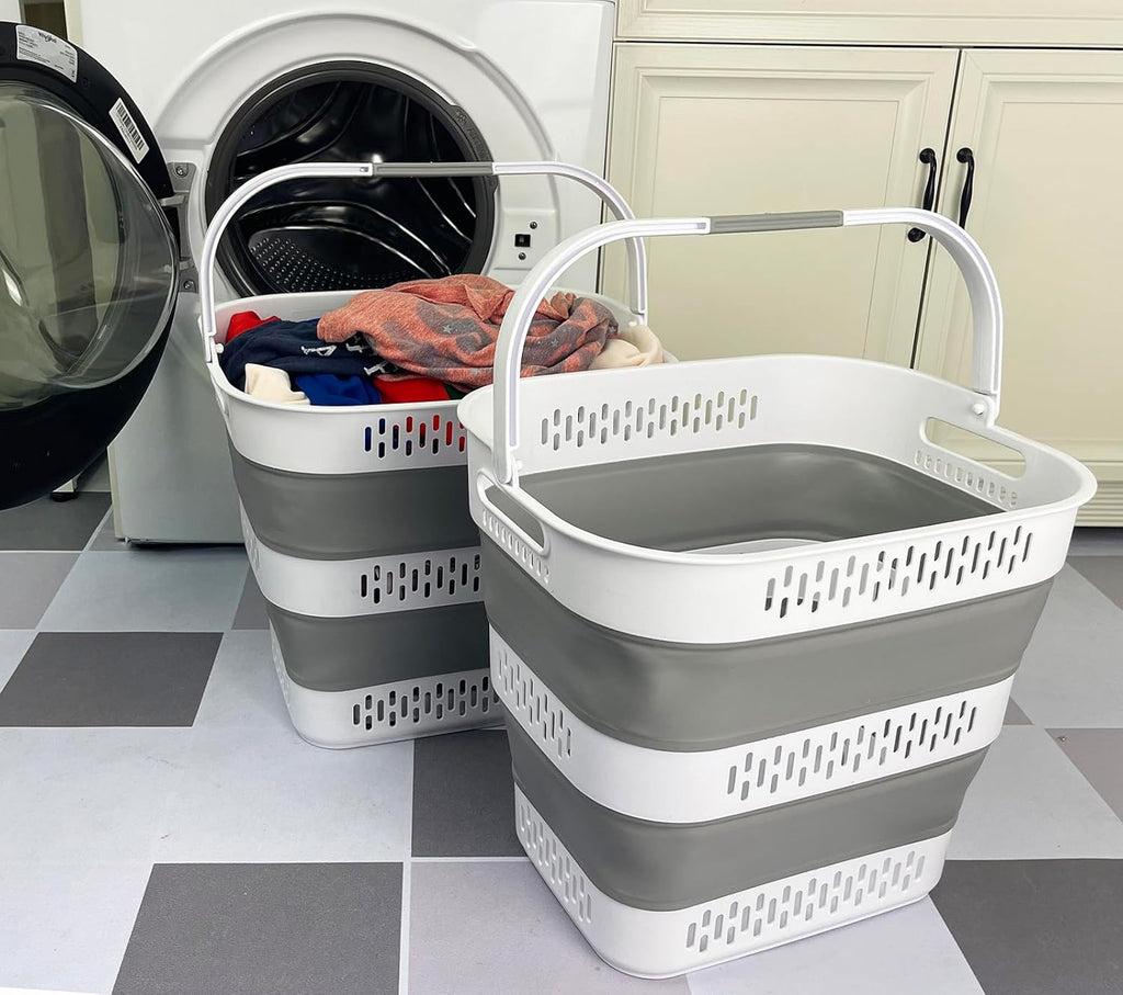 SAMMART 40L (10.5 Gallon) Collapsible Plastic Laundry Basket with Handles - Foldable Pop Up Storage Container/Organizer - Portable Laundry Hamper - Space Saving (2, White/Grey)