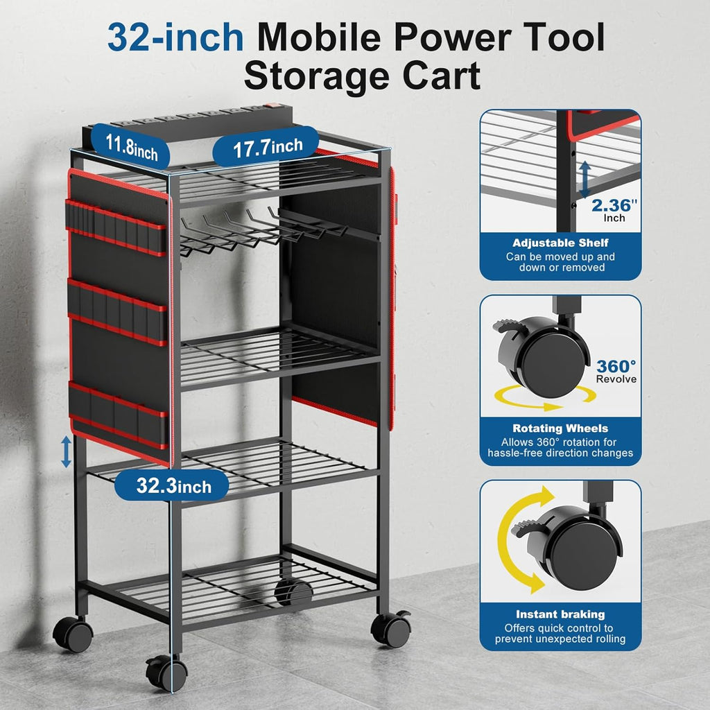 5-Tier Power Tool Organizer Cart with Charging Station - 8 AC Outlets, 300 lbs Heavy Duty Utility Rack, Rolling Drill Holder & Tool Storage Cart on Wheels for Garage, Workshop, Gift for Men