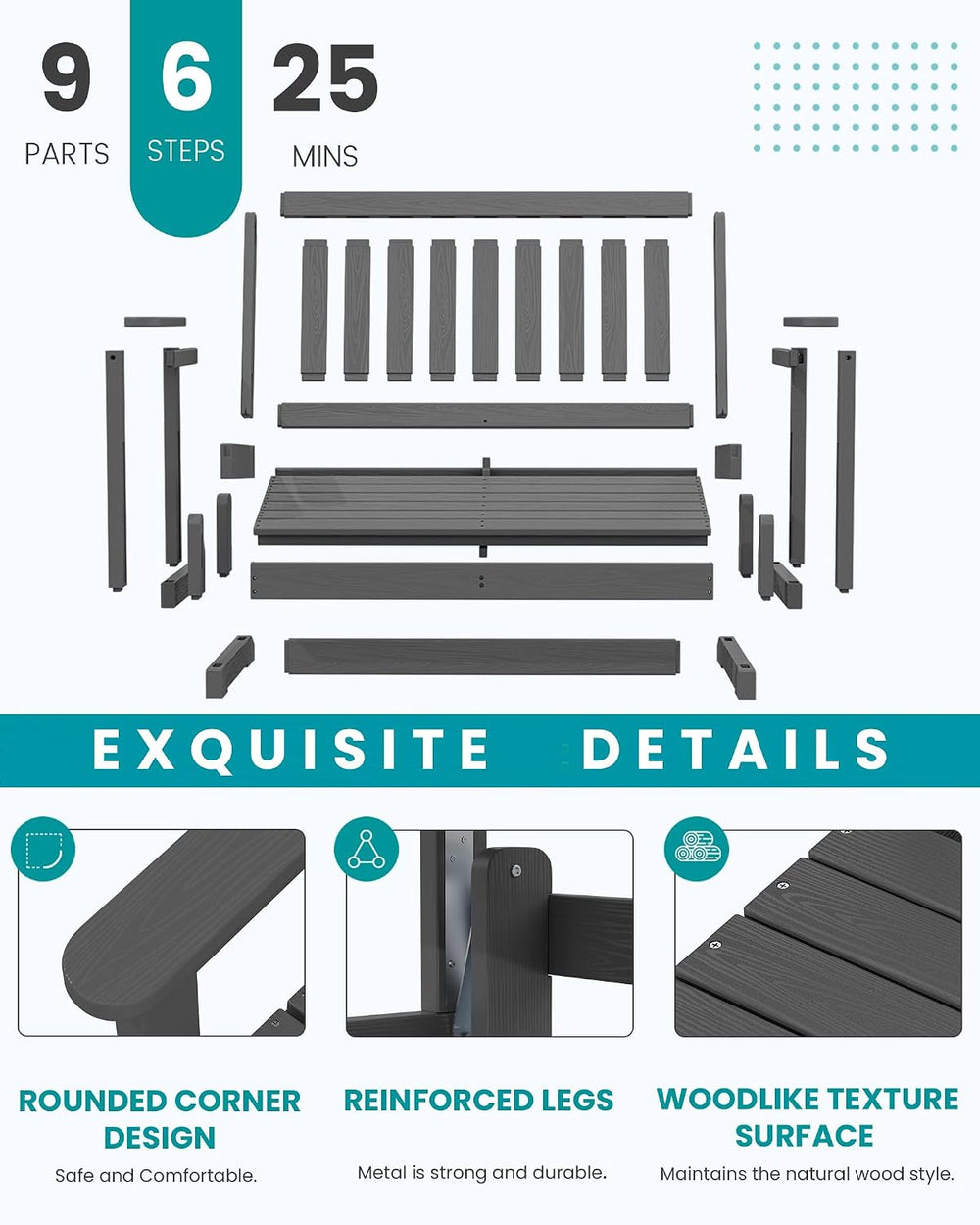 SERWALL 2 Person Patio Glider Bench, HDPE All Weather Swinging Bench, Grey
