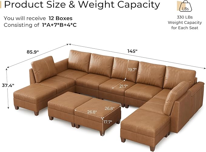 SITJOY 145" Faux Leather Modular Sectional Sofa with Storage, Mid Century Modern Sectional Couches for Living Room, Soft Padded Armrests, 11 Seat U Shaped Sofa Set with Chaise, Brown