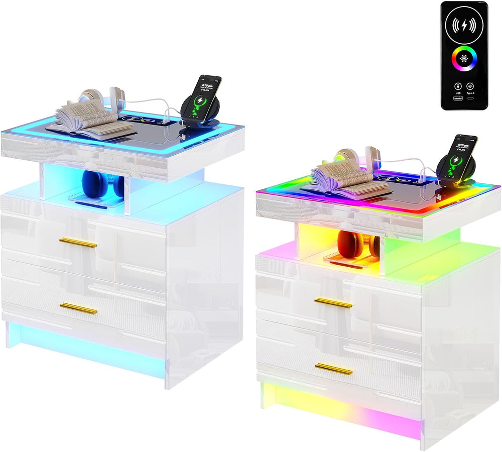 HNEBC Night Stand Set 2 with Wireless Charging Station& Remote Lights,Whi...