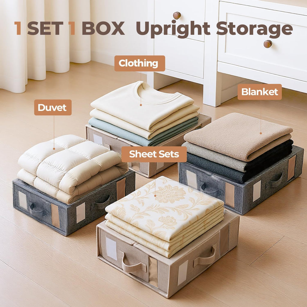 4 Pack Sheet Storage Organizer (King & Queen Size) with handle, Foldable Sheet Set Organizer for Linen Closet, Sheet Organizer for Blanket, Coverlet and Towel, Beige