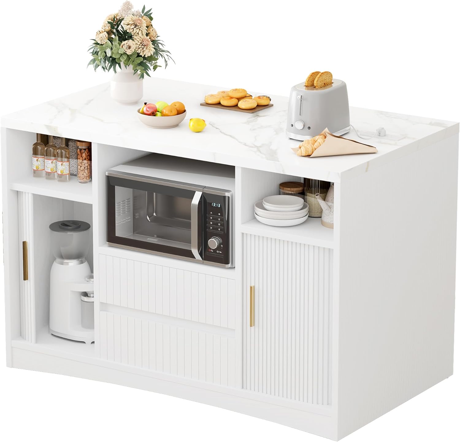 Kitchen Island with Storage, Island Table for Kitchen with Power Outlet & LED Light, Rolling Buffet Cabinet with Fluted Sliding Door, 2 Drawers, Large Countertop, White
