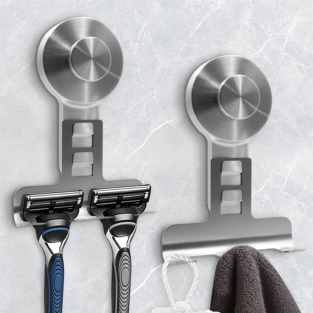 Suction Cup Razor Holder for Shower Wall 2 Pack,Heavy-Duty 15lbs Suction Hooks for Razor,Towel,Phone,Loofah, Removable Damage-Free Metal Shower Hook,Shaver Holder(Silver)