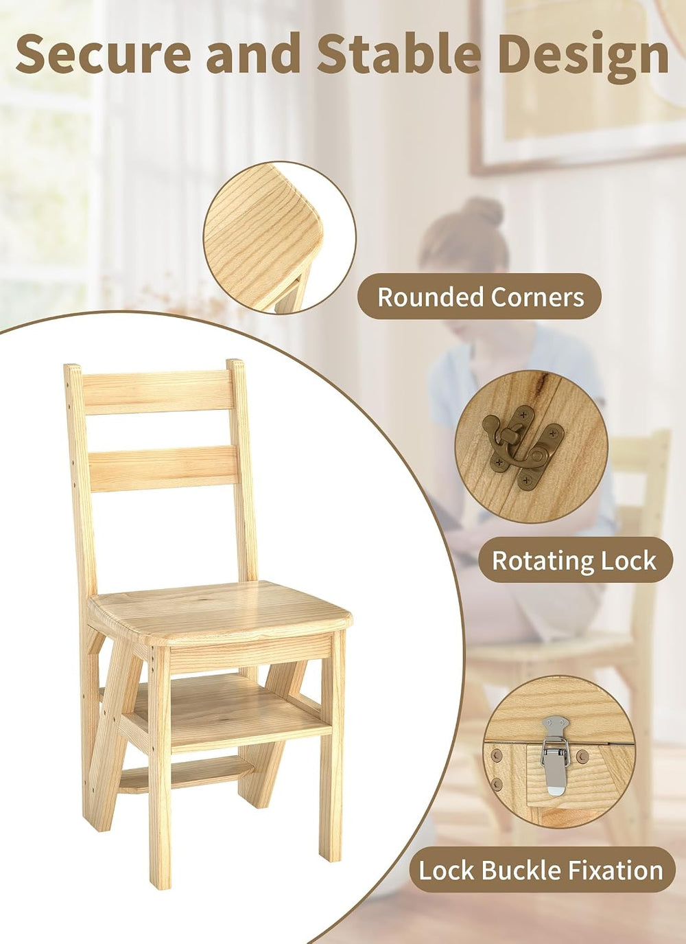 Baoz 3-in-1 Wooden Library Ladder, 4 Tier Folding Ladder, Convertible Step St...