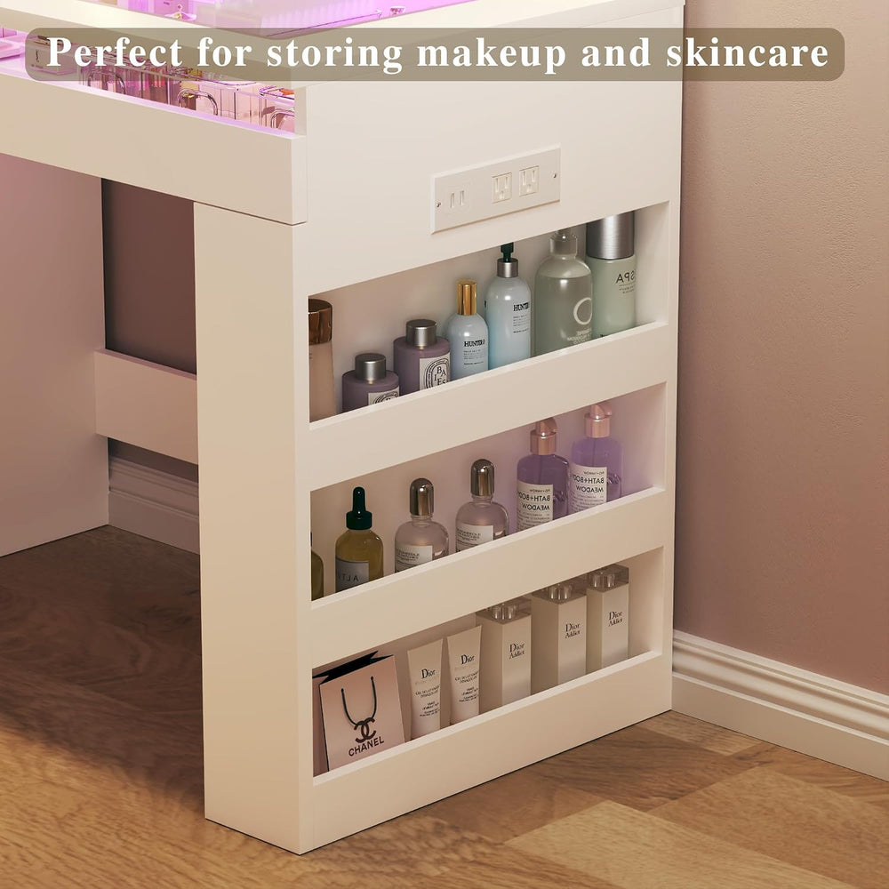 HUAHUU Vanity Desk with Lighted Mirror & Transparent Top, Makeup Vanity D...