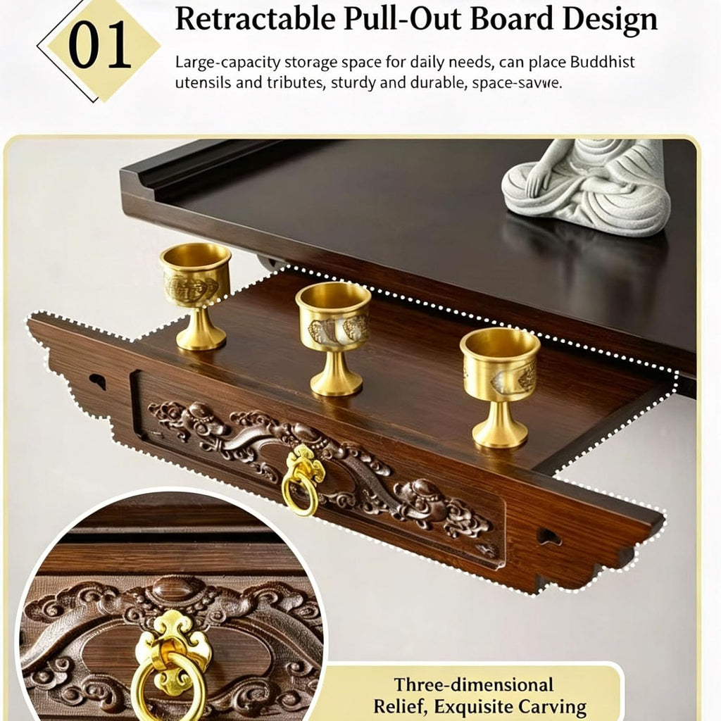 Bamboo Wooden Pooja Stand - Wall Mounted Hanging Shelf for God Statues,Bamboo Wooden Pooja Stand for Home Temple and OfficeTabletop Mandir for God Statues,Elegant Home Decor (Brown, L)