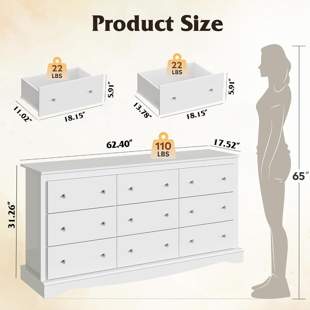 WLIVE 63" Dresser for Bedroom, Modern 9 Drawer Dresser with Exclusive Anti-Tip Structure, Large Wooden Chest of Drawers with Metal Handles for Living Room, Hallway, Closet, Home Furniture, White