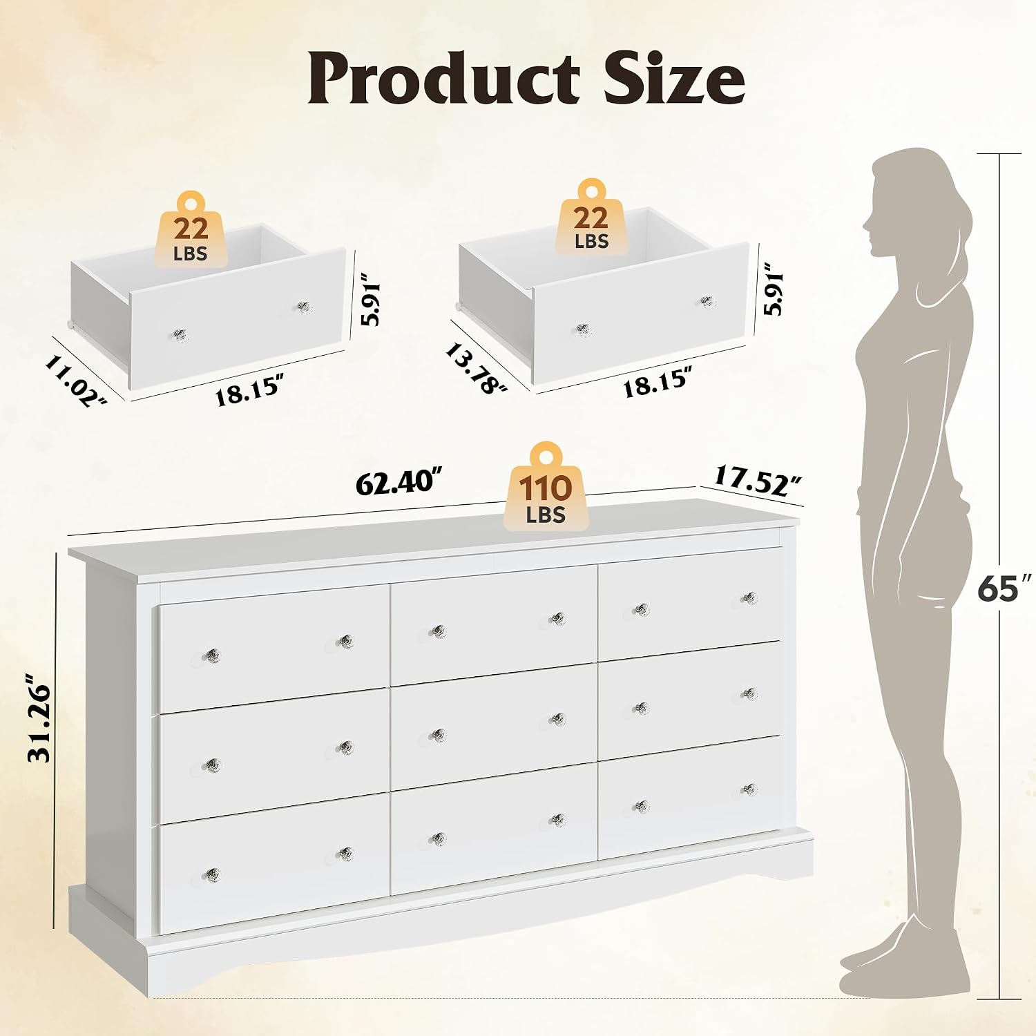 WLIVE 63" Dresser for Bedroom, Modern 9 Drawer Dresser with Exclusive Anti-Tip Structure, Large Wooden Chest of Drawers with Metal Handles for Living Room, Hallway, Closet, Home Furniture, White