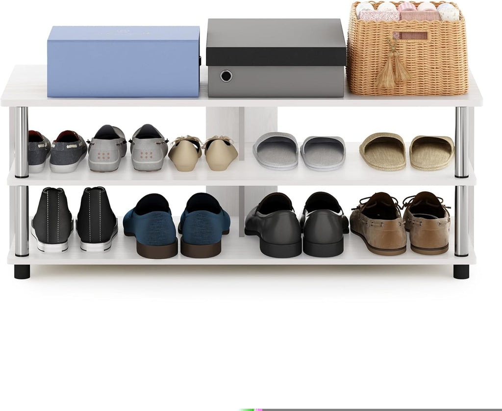 Furinno Turn-N-Tube Shoe Rack, 3-Tier Shoe Organizer, Compact Shoe Storage with Open Shelves and Stainless Steel Tubes, 15.5 x 41.1 x 15.8, for Closet Entryway, Office, Garage, White Oak