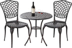 Bronze Patio Bistro Set - 3 Piece Outdoor Cast Aluminum Furniture, Large Table & Chairs, Weather Resistant, Adjustable Foot Pads, Umbrella Hole