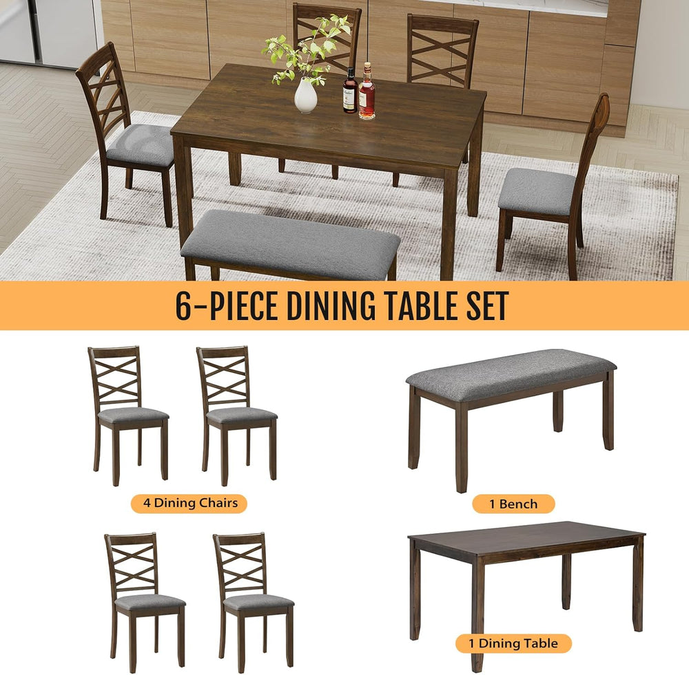 Zevemomo 6-Piece Solid Wood Dining Table Set, Includes 1 Dining Table, 4 Upho...