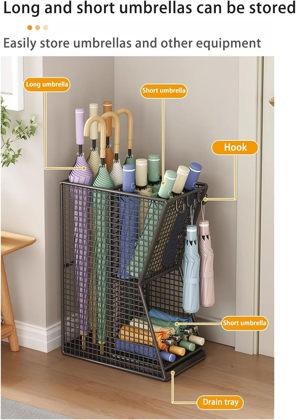 Commercial Metal Umbrella Stand Indoor Large-Capacity Entrance Umbrella Storage Rack with Removable Drip Tray Indoor Hotel Corridor Entrance Metal Stand Rack for Hotel,Offices(Black)