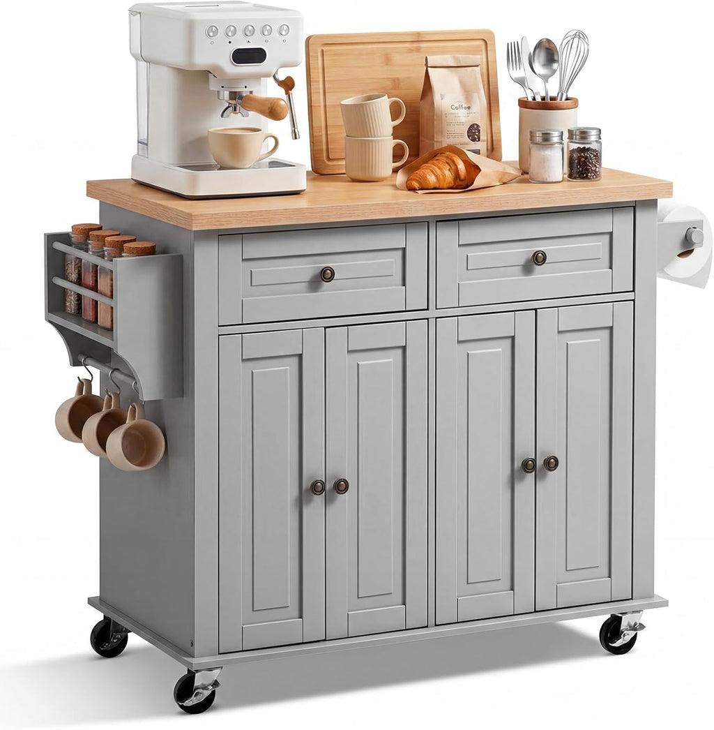 VEVOR Kitchen Island Cart with Storage, 43.7 in Wide Mobile Rolling Storage Island on Swivel Wheels, with 2 Drawers, Storage Cabinet, Spice/Towel Rack, Hooks, Table for Home Dining Room, Gray