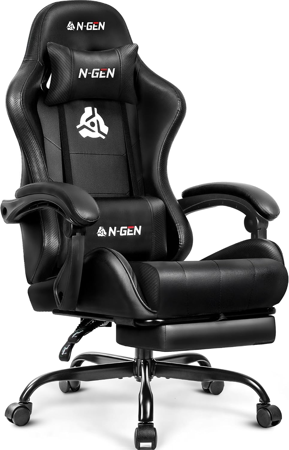 N-GEN GAMING Gaming Chair with Footrest, Lumbar, High-Back, All Black | Recli...