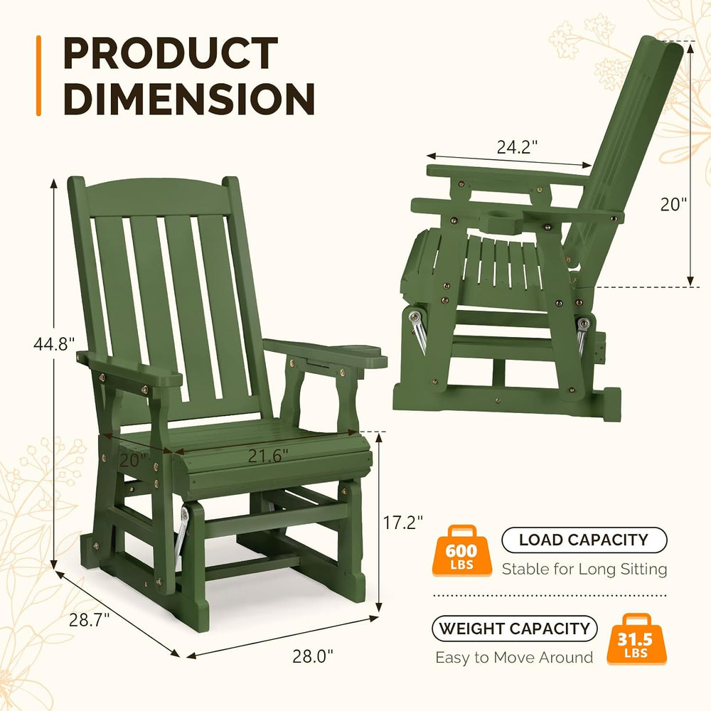 VINGLI Outdoor Glider Chair Wood Patio Glider with Cup Holder, Porch Glider w...