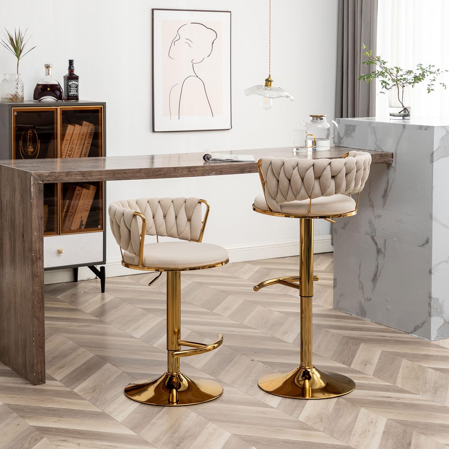 Riknuxi Velvet Bar Stools Set of 3, Counter Height Barstools with Low Back, Gold Swivel Bar Stool for Kitchen Island, Pub (Beige)