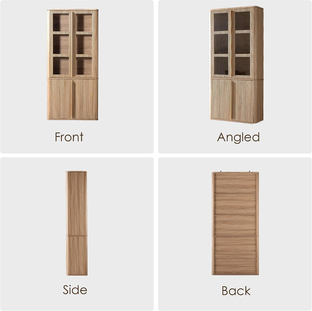 77" Tall Pantry Cabinets with Glass Doors, Fluted Storage Cabinet, Oak 2pcs | Wooden Kitchen Food Cupboard, Adjustable Shelves, Modern Display Storage Closet for Living Room, Dining Room, Office