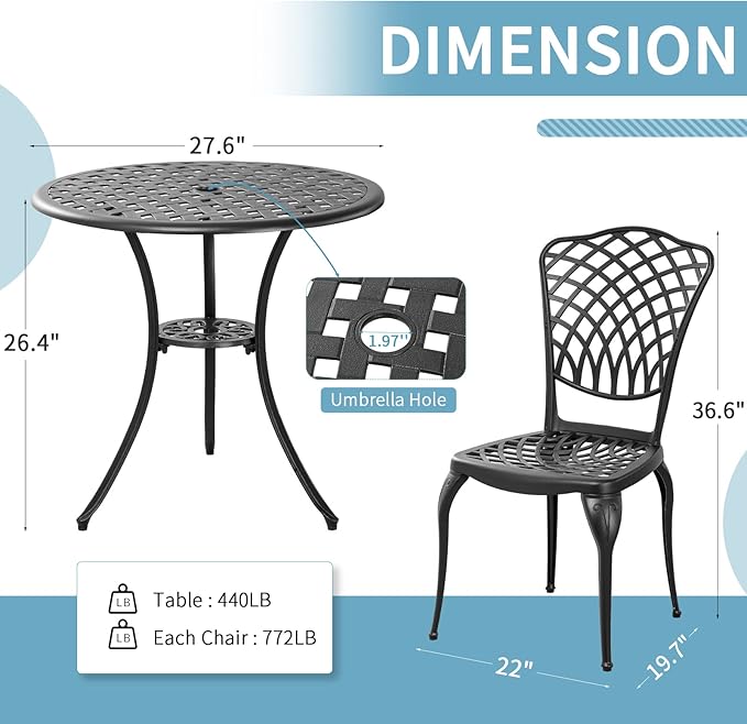 3 Piece Bistro Table Set Anti-Rust Outdoor Bistro Set Cast Alumiunm Patio Table and Chairs Set for 2, Patio Bistro Set Furniture Black