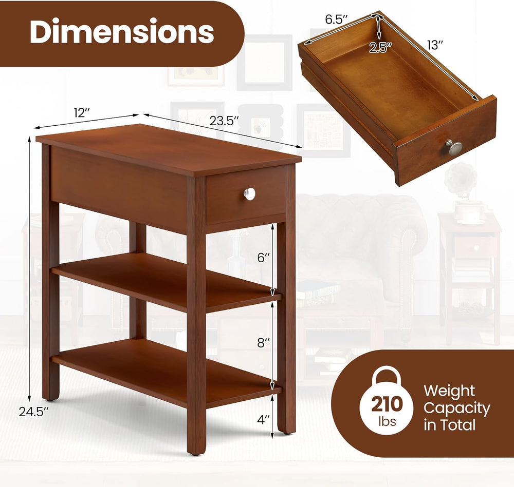 Giantex Narrow End Table Set of 2, Farmhouse Side Tables with Drawer & St...