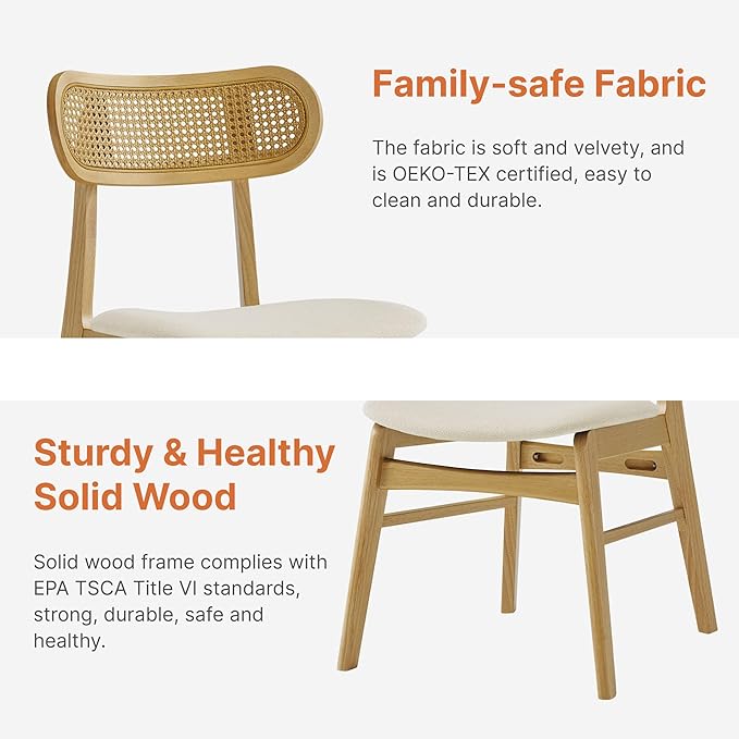 Wooden Dining Chairs Set of 6, Upholstered Modern Dining Room Chairs, Mid Century Oak Wood Kitchen Chairs with Rattan Backrest for Farmhouse, Kitchen, Restaurant (Cream Fabric & Original Color)