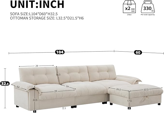 Ball & Cast Modular L Shaped Sectional Sofa with Movable Storage Ottoman and Dual-Port Charging,4 Seater Comfy Cloud Couch W/Side Storage Pockets & Cup Holder,for Living Room,Apartment,Beige,104"