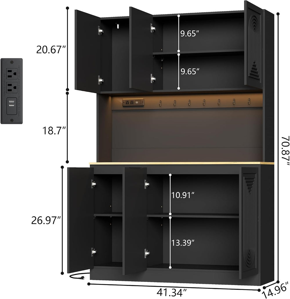 71" Black Kitchen Pantry with Power Outlet, Kitchen Hutch with LED Light...