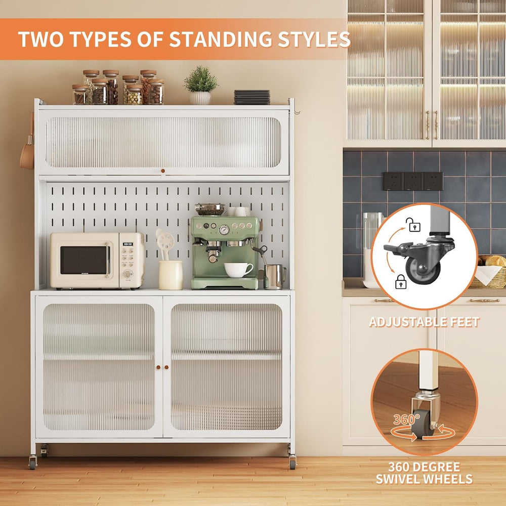 Kitchen Pantry Cabinet White, Tall Storage Cabinet with Glass Doors & Adj...