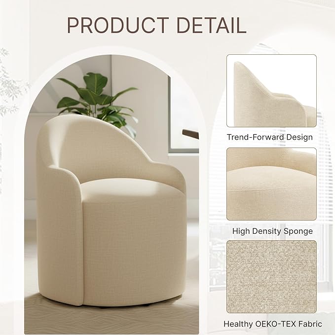 Upholstered Dining Chairs with Casters, No Assembly Modern Dining Room Chairs Accent Vanity Chair with 5 Wheels & Round Backrest for Bedroom, Living Room, Dressing, Sand Fabric, Set of 2