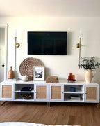 Nathan James Mina Modern TV Stand, Entertainment Cabinet, Media Console with a Natural Rattan Storage Doors, White Finish and Gold Brass Accents for Living Room or Media Room, White/Gold